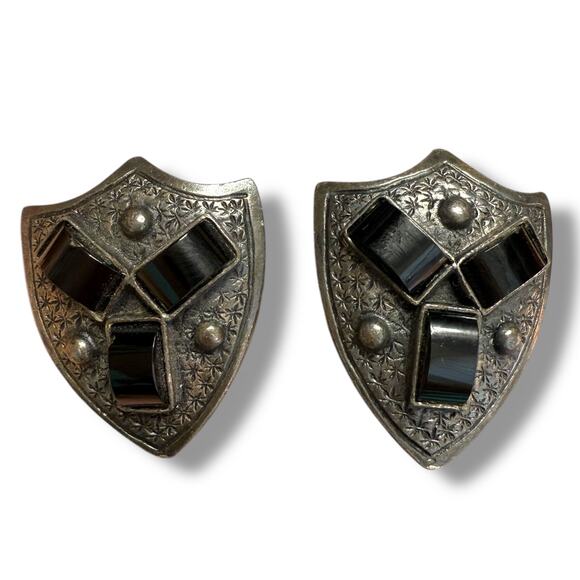 Sterling Silver Black Onyx Cuff Links Medieval Cufflinks Knight Shield Designer